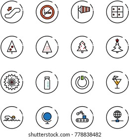 line vector icon set - escalator up vector, no smoking sign, side wind, baggage room, christmas tree, firework, vial, standby, drink, swimming, globe, conveyor