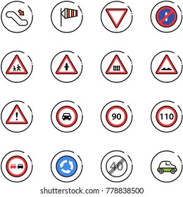 line vector icon set - escalator down vector, side wind, giving way road sign, no parkin odd, children, intersection, railway, rough, attention, car, speed limit 90, 110, overtake, circle, end