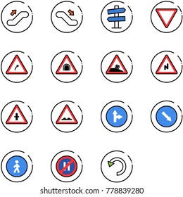 line vector icon set - escalator up vector, down, road signpost sign, giving way, turn right, tunnel, steep roadside, abrupt, intersection, rough, only forward, detour, pedestrian, no parking even