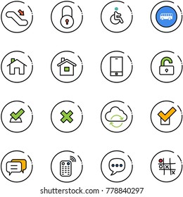 line vector icon set - escalator down vector, lock, disabled, bus road sign, home, phone, unlocked, check, delete cross, refresh cloud, dialog, remote control, chat, Tic tac toe