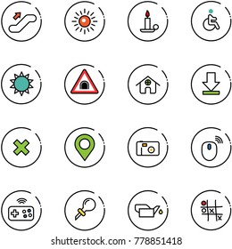 line vector icon set - escalator up vector, sun, candle, disabled, tunnel road sign, home, download, delete cross, map pin, photo, mouse wireless, joystick, oiler, Tic tac toe