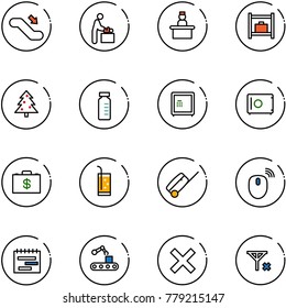 line vector icon set - escalator down vector, baby room, recieptionist, baggage, christmas tree, vial, safe, money case, drink, suitcase, mouse wireless, terms plan, conveyor, delete, no signal