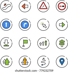 line vector icon set - escalator up vector, left arrow, turn right road sign, no overtake, only forward, cursor, download, flag, arrows, signpost, trip, navigation pin