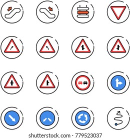 line vector icon set - escalator up vector, down, sign post, giving way road, turn right, left, intersection, no overtake, only forward, detour, circle, trip