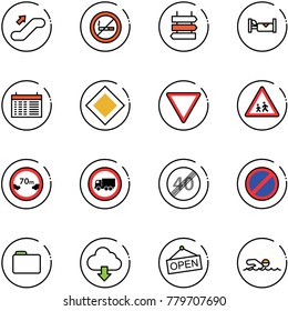 line vector icon set - escalator up vector, no smoking sign, post, hotel, schedule, main road, giving way, children, limited distance, truck, end speed limit, parking, folder, download cloud, open