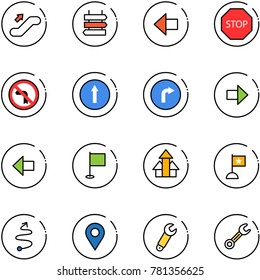 Line Vector Icon Set - Escalator Up Vector, Sign Post, Left Arrow, Stop Road, No Turn, Only Forward, Right, Flag, Arrows, Trip, Navigation Pin, Wrench