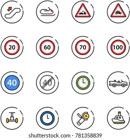 line vector icon set - escalator up vector, snowmobile, car crash road sign, for moto, speed limit 20, 60, 70, 100, minimal, end, time, cabrio, gyroscope, clock, Angular grinder, toy boat
