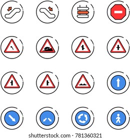 line vector icon set - escalator up vector, down, sign post, no way road, turn left, climb, intersection, rough, only forward, detour, circle, pedestrian
