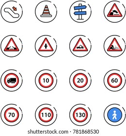 line vector icon set - escalator down vector, road cone, signpost sign, embankment, drawbridge, intersection, car crash, gravel, no truck, speed limit 10, 20, 60, 70, 110, 130, pedestrian way
