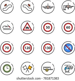 line vector icon set - escalator up vector, down, plane, boarding passengers, snowmobile, road for moto sign, speed limit 50, 60, 70, 120, 130, end minimal, time, flags cross, trailer