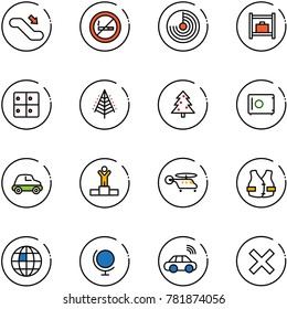 line vector icon set - escalator down vector, no smoking sign, radar, baggage room, christmas tree, safe, car, winner, helicopter, life vest, globe, wireless, delete