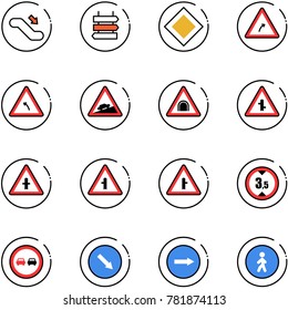 line vector icon set - escalator down vector, sign post, main road, turn right, left, climb, tunnel, intersection, limited height, no overtake, detour, only, pedestrian way