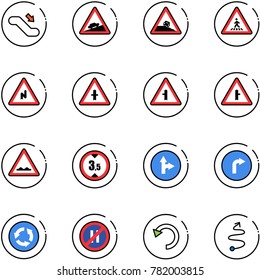 line vector icon set - escalator down vector, climb road sign, steep roadside, pedestrian, abrupt turn right, intersection, rough, limited height, only forward, circle, no parking even, undo, trip