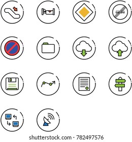 line vector icon set - escalator down vector, hotel, main road sign, end overtake limit, no parking, folder, download cloud, upload, save, chart point arrow, agreement, signpost, data exchange