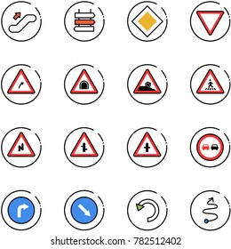 line vector icon set - escalator up vector, sign post, main road, giving way, turn right, tunnel, steep roadside, pedestrian, abrupt, intersection, no overtake, only, detour, undo, trip