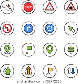 line vector icon set - escalator down vector, stop road sign, turn left, tunnel, no, only right, circle, cursor, map pin, flag, signpost, arrow up, arrows