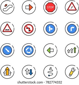 Line Vector Icon Set - Escalator Up Vector, Right Arrow, Stop Road Sign, Turn, Rough, No Left, Only Forward, Detour, Circle, Arrows, Down, Trip, Wrench