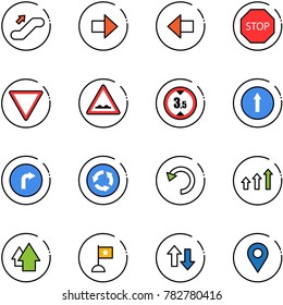 line vector icon set - escalator up vector, right arrow, left, stop road sign, giving way, rough, limited height, only forward, circle, undo, arrows, flag, down, navigation pin
