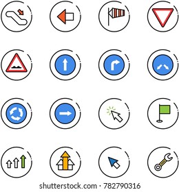 line vector icon set - escalator down vector, left arrow, side wind, giving way road sign, rough, only forward, right, detour, circle, cursor, flag, arrows up, wrench