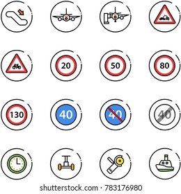 line vector icon set - escalator down vector, plane, boarding passengers, car crash road sign, for moto, speed limit 20, 50, 80, 130, minimal, end, time, gyroscope, Angular grinder, toy boat