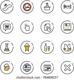line vector icon set - escalator up vector, no smoking sign, recieptionist, hotel, bow message, hand touch, history, save, chess queen, success, wine, life vest, beer, globe, terms plan, delete