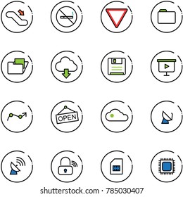 line vector icon set - escalator down vector, no smoking sign, giving way road, folder, download cloud, save, presentation board, chart point arrow, open, satellite antenna, wireless lock, sim, cpu