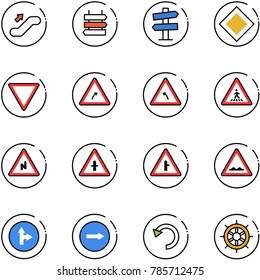 line vector icon set - escalator up vector, sign post, road signpost, main, giving way, turn right, left, pedestrian, abrupt, intersection, rough, only forward, undo, hand wheel