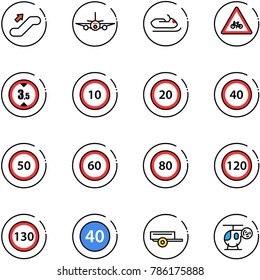 line vector icon set - escalator up vector, plane, snowmobile, road for moto sign, limited height, speed limit 10, 20, 40, 50, 60, 80, 120, 130, minimal, trailer, helicopter toy