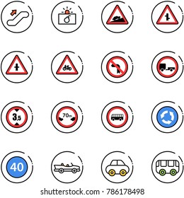 line vector icon set - escalator up vector, terrorism, climb road sign, intersection, for moto, no left turn, trailer, limited height, distance, bus, circle, minimal speed limit, cabrio, car, toy