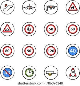 line vector icon set - escalator up vector, plane, boarding passengers, tractor way road sign, car crash, limited height, speed limit 50, 60, 80, 90, 120, minimal, end, time, trailer, rocket