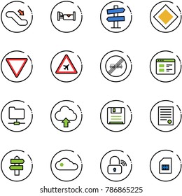 line vector icon set - escalator down vector, hotel, road signpost sign, main, giving way, airport, end overtake limit, website, network folder, upload cloud, save, agreement, wireless lock, sim