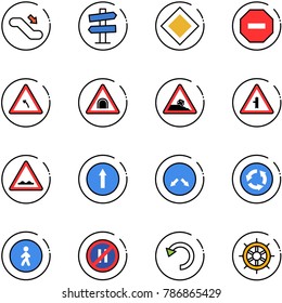 line vector icon set - escalator down vector, road signpost sign, main, no way, turn left, tunnel, steep roadside, intersection, rough, only forward, detour, circle, pedestrian, parking even, undo