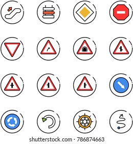 line vector icon set - escalator up vector, sign post, main road, no way, giving, turn right, tunnel, intersection, detour, circle, undo, hand wheel, trip