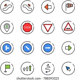 line vector icon set - escalator up vector, down, left arrow, side wind, dollar pin, stop road sign, giving way, rough, only forward right, detour, flag, arrows, trip, cursor