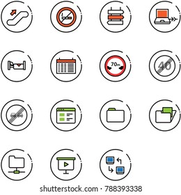 line vector icon set - escalator up vector, no smoking sign, post, netabook connect, hotel, schedule, limited distance road, end speed limit, overtake, website, folder, network, presentation board