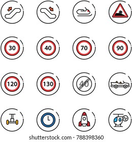 line vector icon set - escalator up vector, down, snowmobile, steep roadside road sign, speed limit 30, 40, 70, 90, 120, 130, end, cabrio, gyroscope, clock, rocket, helicopter toy