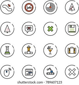 line vector icon set - escalator down vector, no smoking sign, radar, christmas tree, bow message, delete cross, save, chess queen, winner, drink, suitcase, mouse wireless, terms plan, conveyor