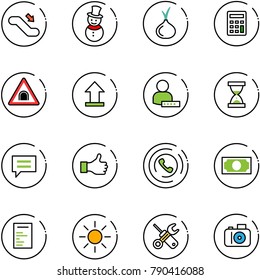 Line Vector Icon Set - Escalator Down Vector, Snowman, Onion, Calculator, Tunnel Road Sign, Uplooad, User Password, Sand Clock, Chat, Like, Phone Horn, Money, Document, Sun, Wrench Screwdriver