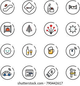 line vector icon set - escalator up vector, smoking area sign, baby room, hotel, baggage, christmas tree, firework, virus, wine, beer, mouse wireless, car, terms plan, usb wi fi, clamp