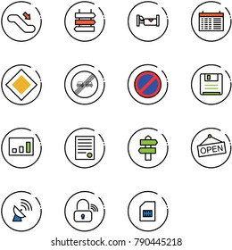 line vector icon set - escalator down vector, sign post, hotel, schedule, main road, end overtake limit, no parking, save, statistics, agreement, signpost, open, satellite antenna, wireless lock