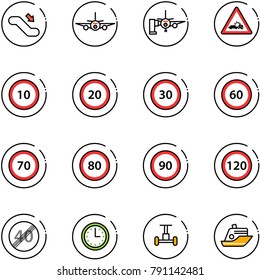 line vector icon set - escalator down vector, plane, boarding passengers, car crash road sign, speed limit 10, 20, 30, 60, 70, 80, 90, 120, end, time, gyroscope, cruiser