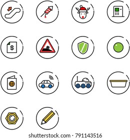 line vector icon set - escalator up vector, firework rocket, christmas deer hat, atm, account statement, steep roadside road sign, shield, record, passport, car wireless, moon rover, basin, nut
