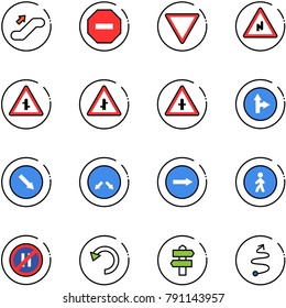 line vector icon set - escalator up vector, no way road sign, giving, abrupt turn right, intersection, only forward, detour, pedestrian, parking even, undo, signpost, trip