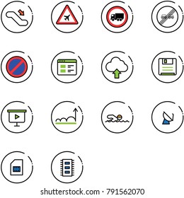 line vector icon set - escalator down vector, airport road sign, no truck, end overtake limit, parking, website, upload cloud, save, presentation board, growth, swimming, satellite antenna, sim