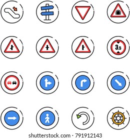 line vector icon set - escalator down vector, road signpost sign, giving way, tunnel, intersection, limited height, no overtake, only forward right, detour, pedestrian, undo, hand wheel