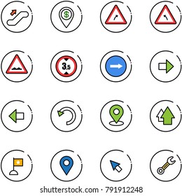line vector icon set - escalator up vector, dollar pin, turn right road sign, left, rough, limited height, only, arrow, undo, map, flag, navigation, cursor, wrench