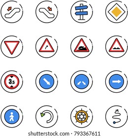line vector icon set - escalator up vector, down, road signpost sign, main, giving way, turn right, climb, rough, limited height, detour, only, pedestrian, undo, hand wheel, trip