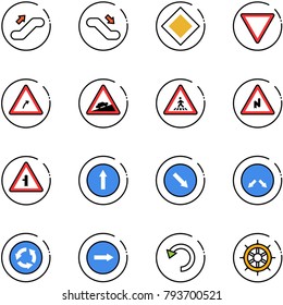 line vector icon set - escalator up vector, down, main road sign, giving way, turn right, climb, pedestrian, abrupt, intersection, only forward, detour, circle, undo, hand wheel