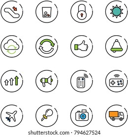 line vector icon set - escalator down vector, trash, lock, sun, refresh cloud, like, bell, arrows up, megaphone, remote control, joystick wireless, plane, oiler, camera, truck toy