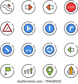 Line Vector Icon Set - Escalator Down Vector, Right Arrow, Left, Stop Road Sign, Turn, Only Forward, Detour, Circle, Flag, Arrows Up, Map Pin